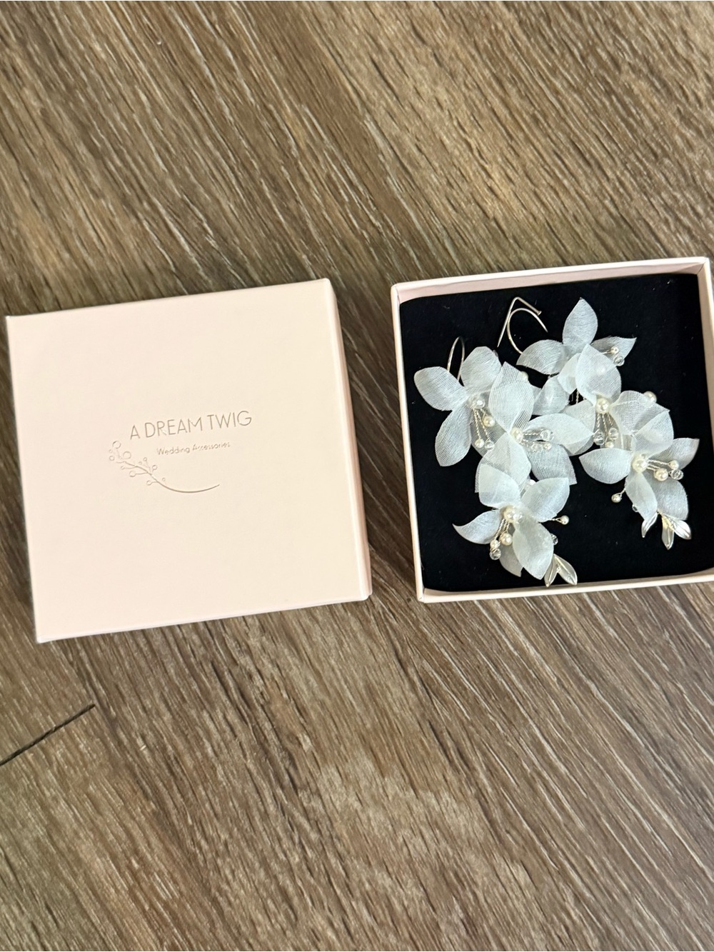 Handmade white & silver bridal flower earrings.